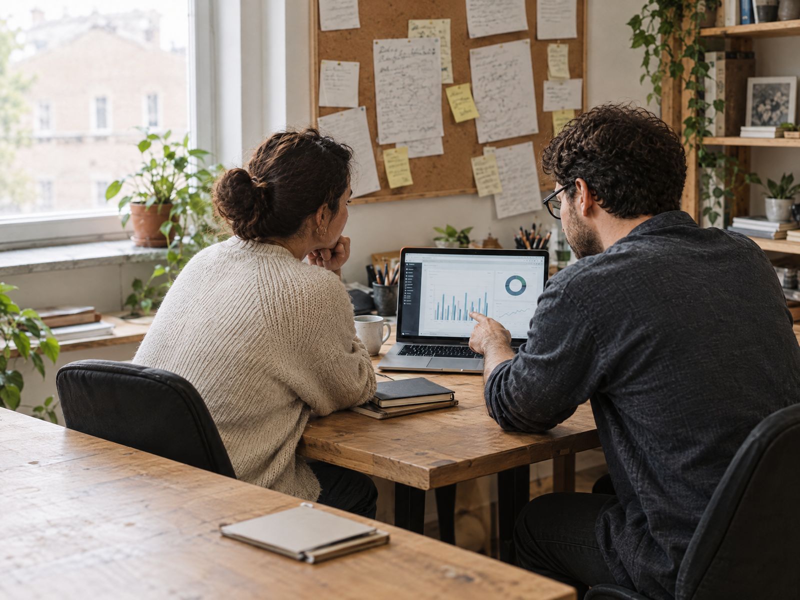 An owner and a technologist side by side at a wooden table, reviewing a dashboard on a laptop, a cork board of notes behind them